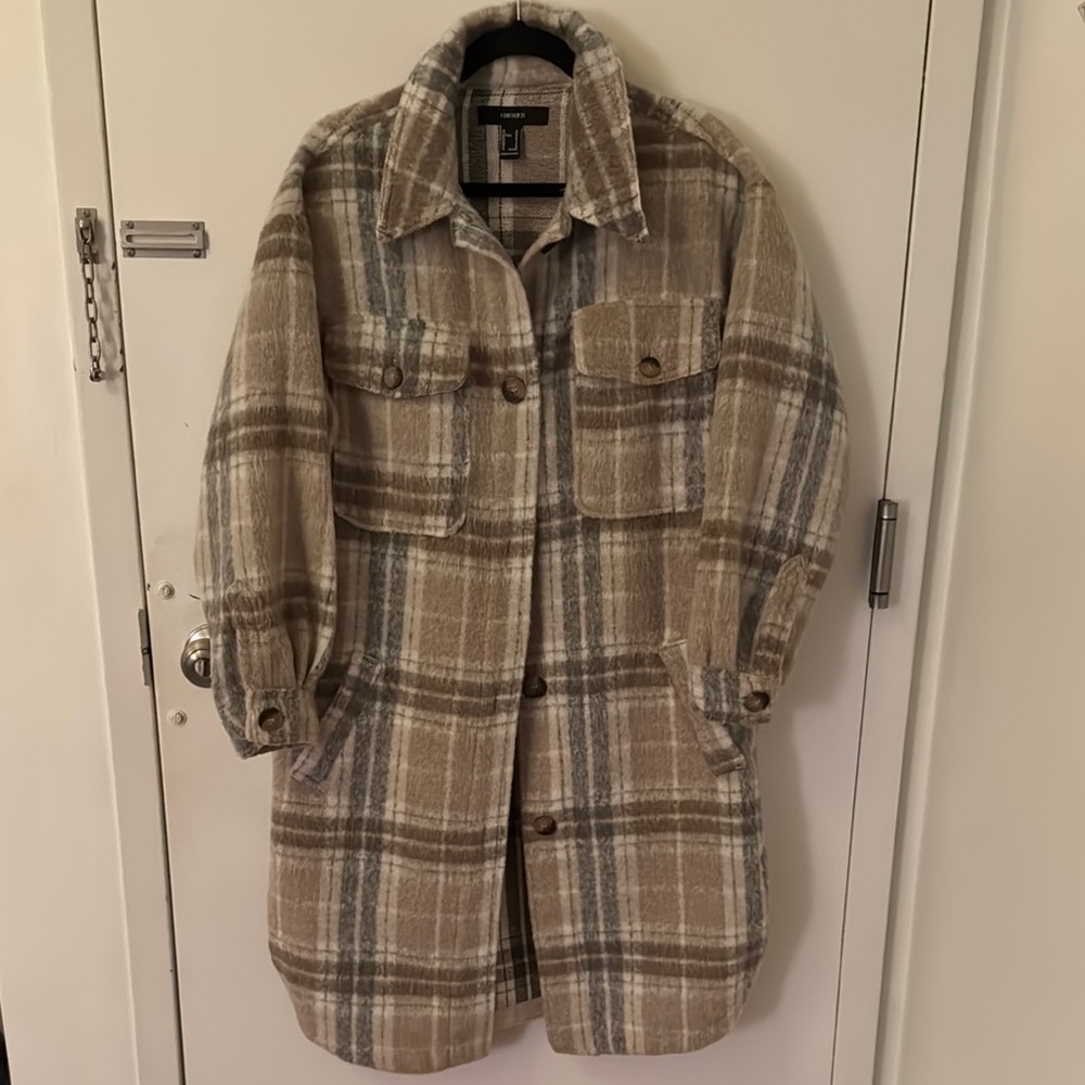 Forever 21 Plaid Long Coat with Pockets